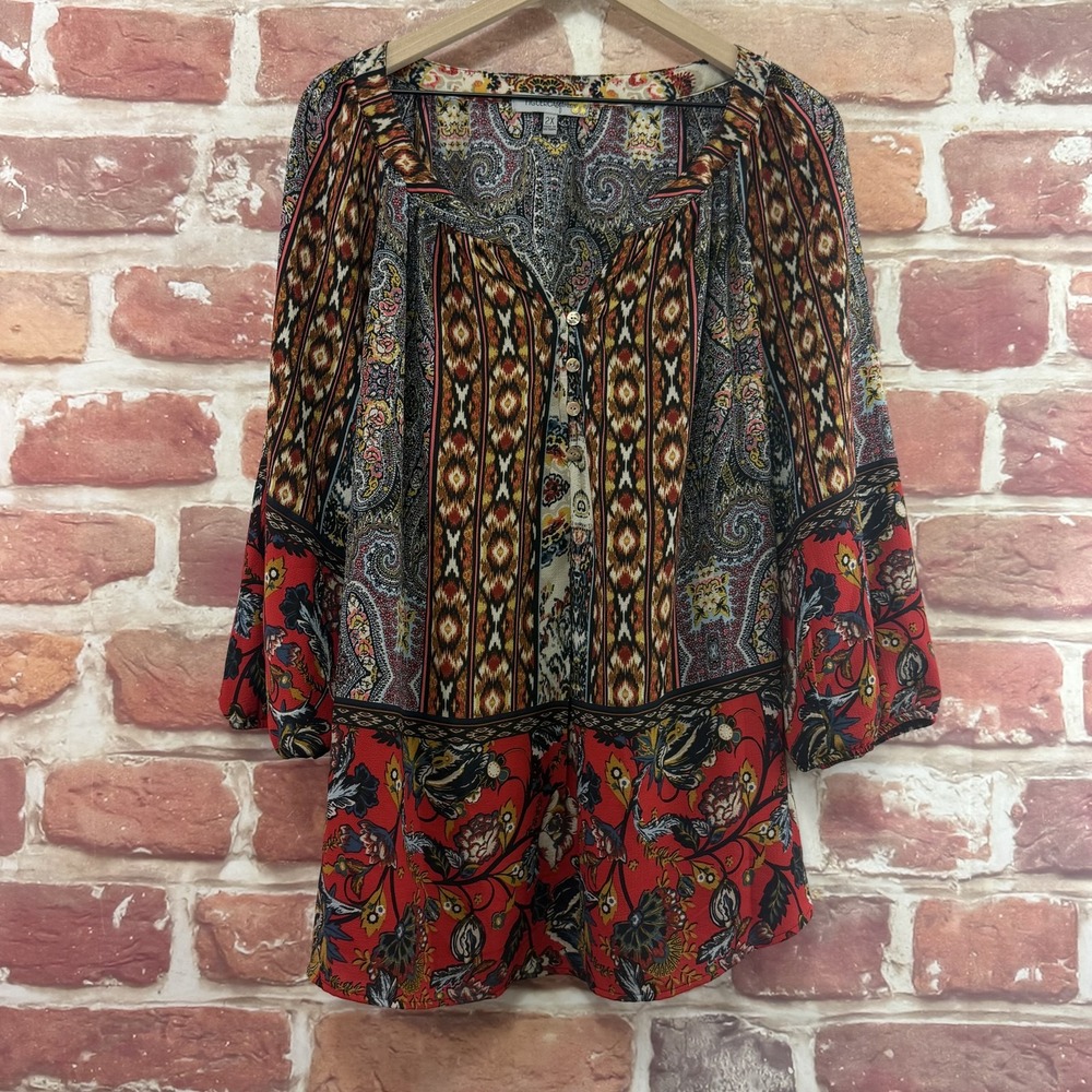 Figueroa & Flower Top Women's 2X Multicolor Boho Floral Abstract Casual Shirt